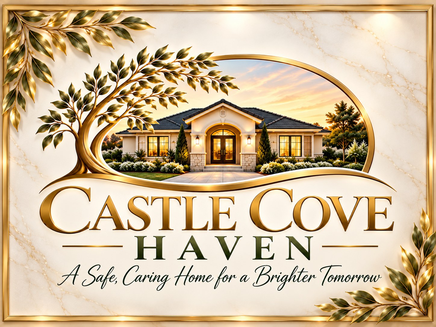 Castle Cove Haven gold emblem and slogan, shown in full